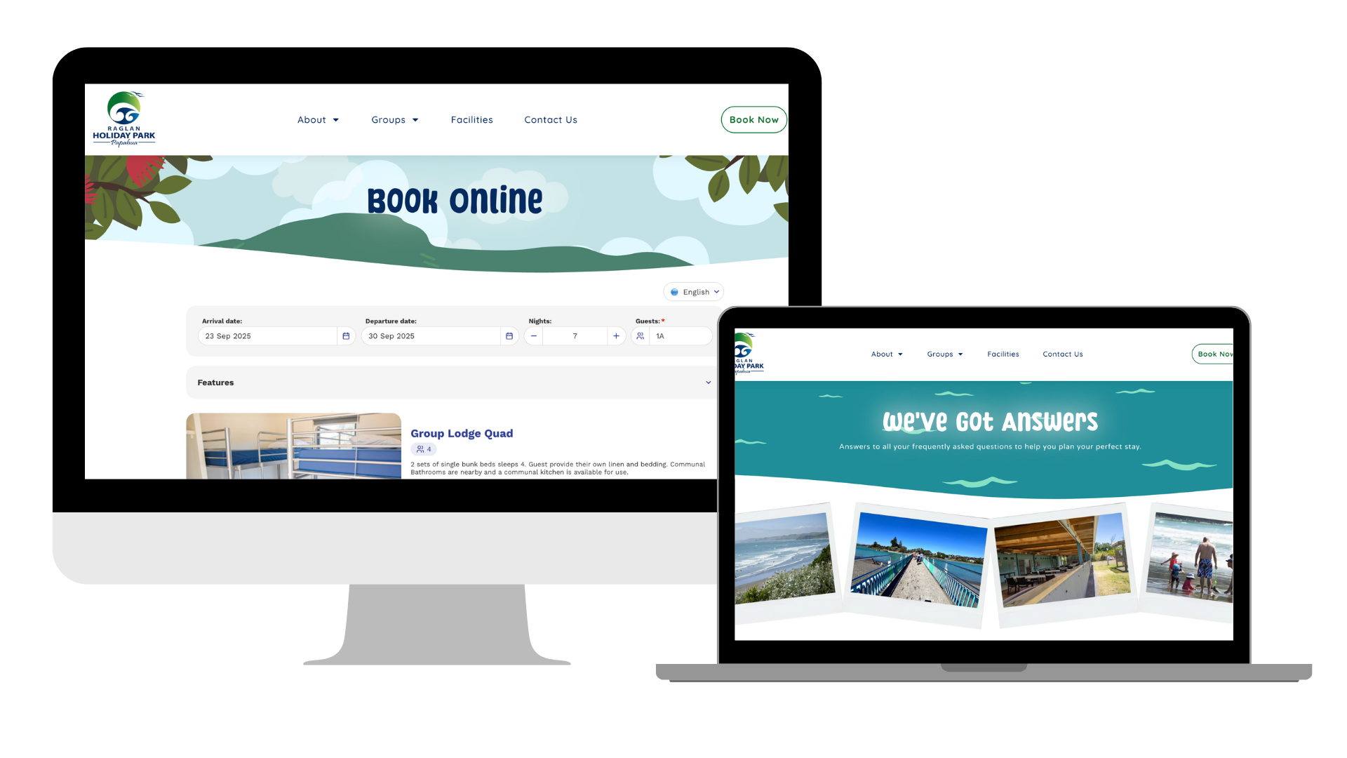 Raglan Holiday Park website on desktop and laptop